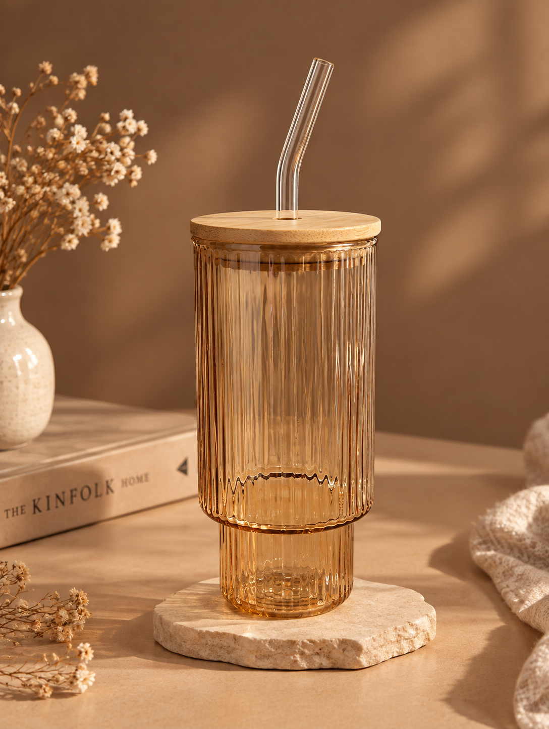 Amber Ribbed Glass Tumbler