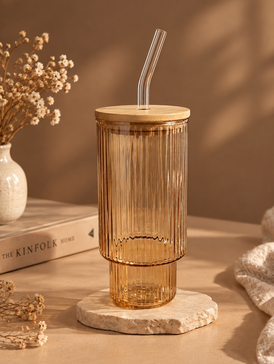 Amber Ribbed Glass Tumbler