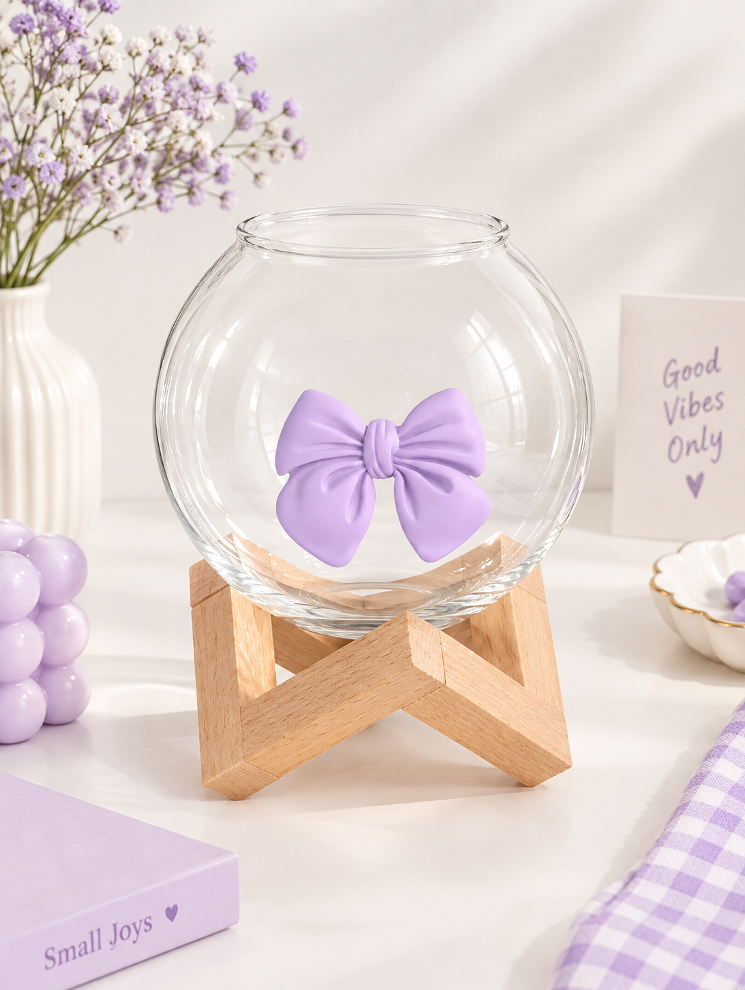 Lavender Bow Wooden Stand Terrarium