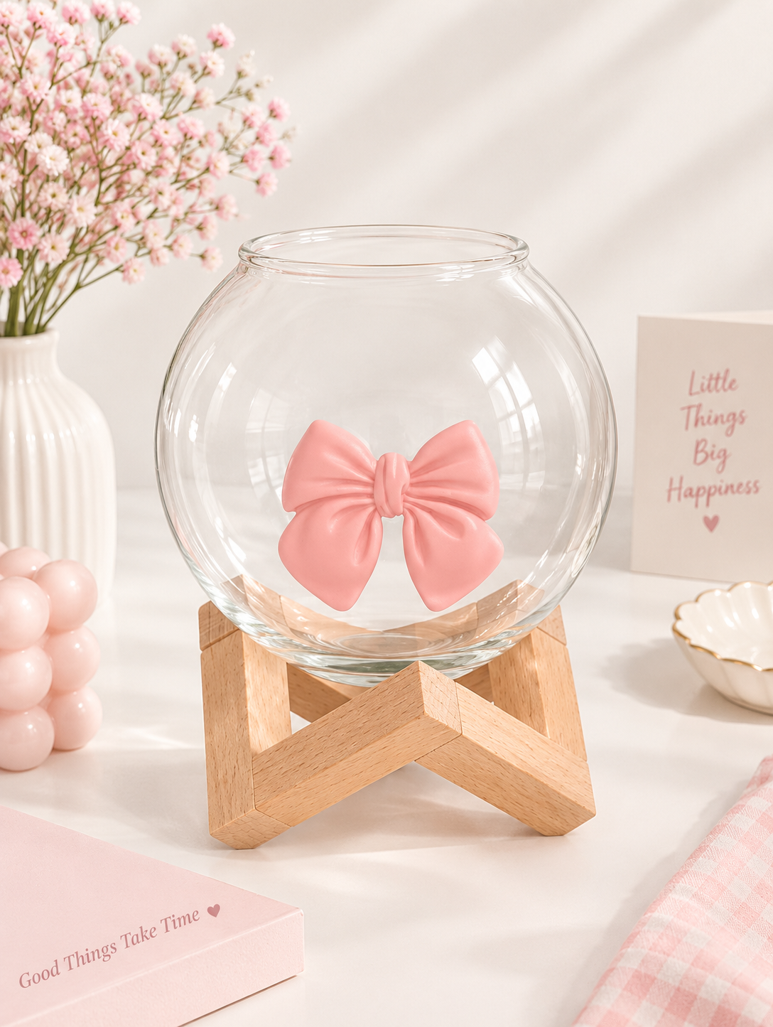 Pink Ribbon Wooden Stand Terrarium