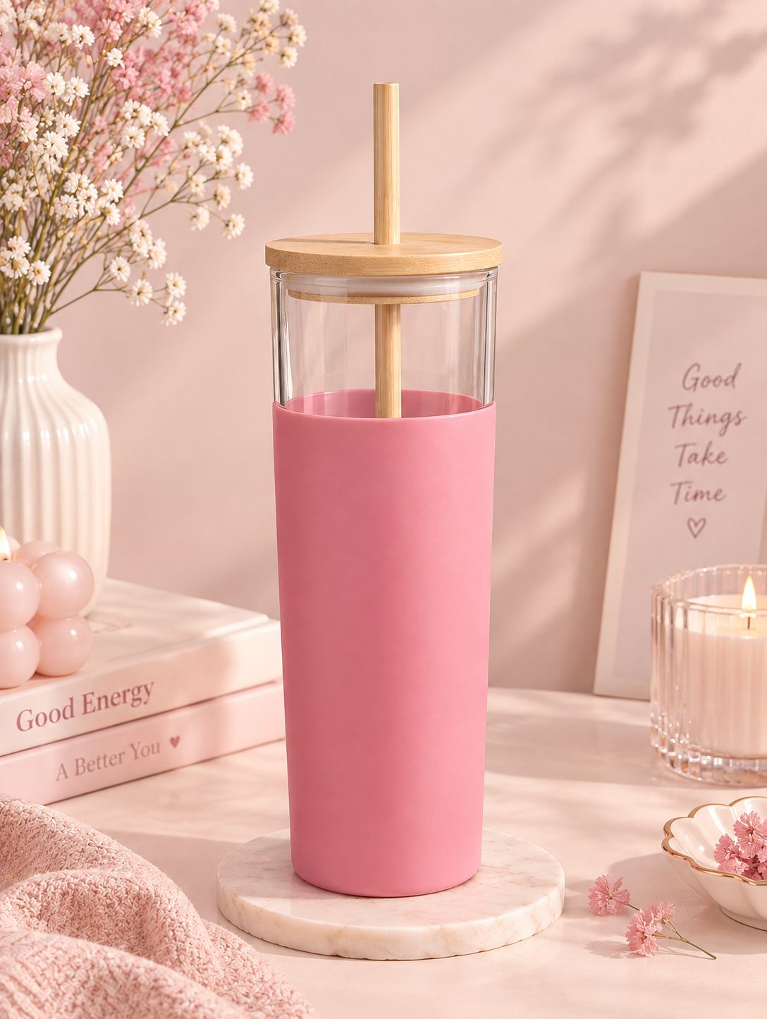 Blush Soft-Grip Glass Tumbler With Wooden Straw