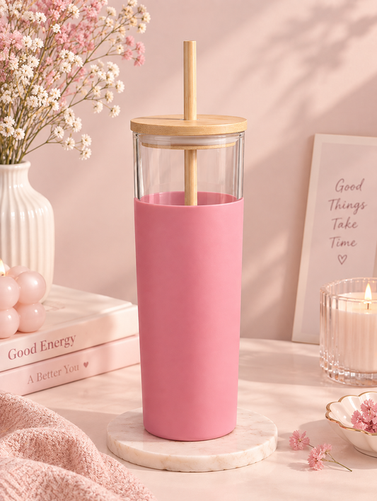 Blush Soft-Grip Glass Tumbler With Wooden Straw